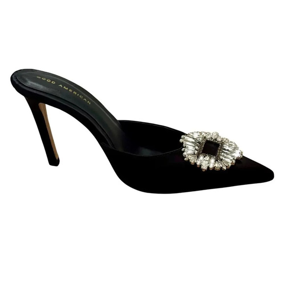 New GOOD AMERICAN Jeweled Glass Slipper Black Satin 4" Heel Mules Women's 9.5 - Picture 4 of 10